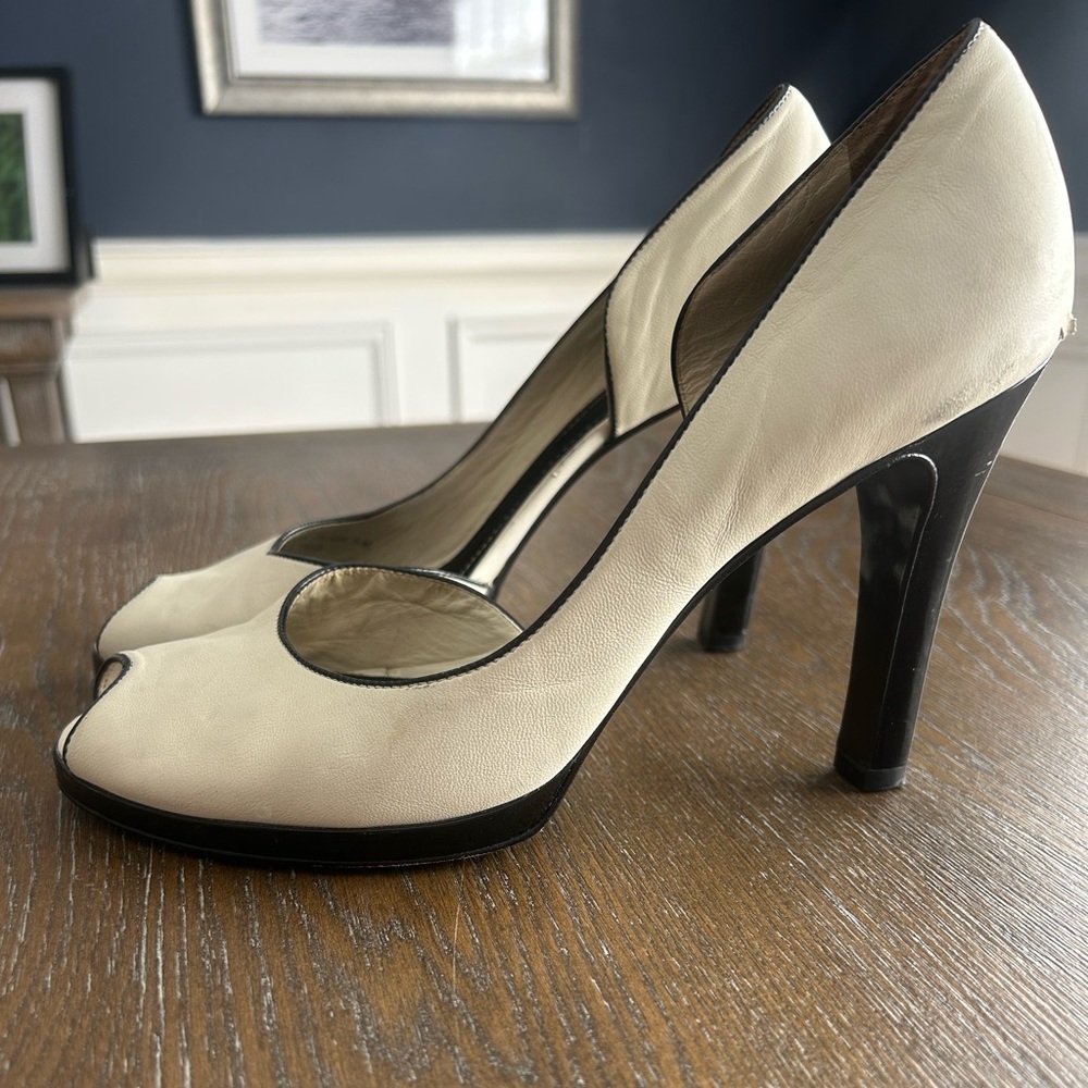 Ralph Lauren Black and White Leather Peep Toe Heels